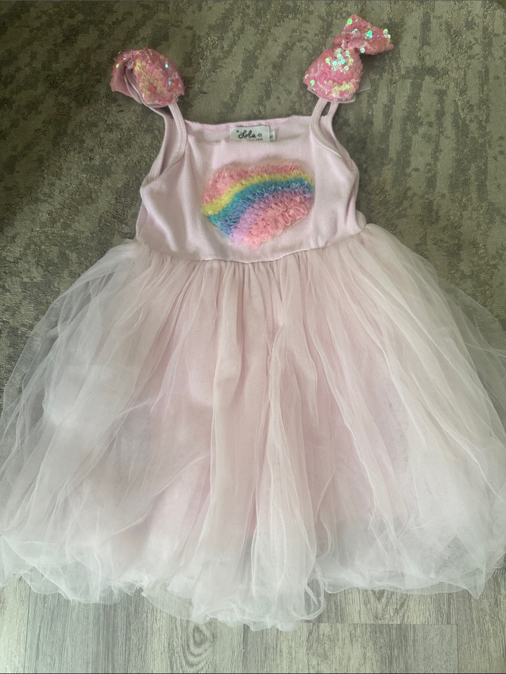 Lola + The Boys Pink Tulle Rainbow Appliqué Dress